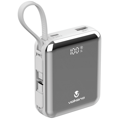 Volkano Solace Series 10 000 mAh Power Bank with Built-in USB-C & Lightning Cable - White & Silver