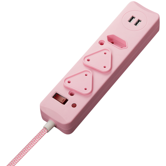 Switched 3-Way Surge Multiplug with Dual USB 2.4A & 0.5m Braided Cord - Pink