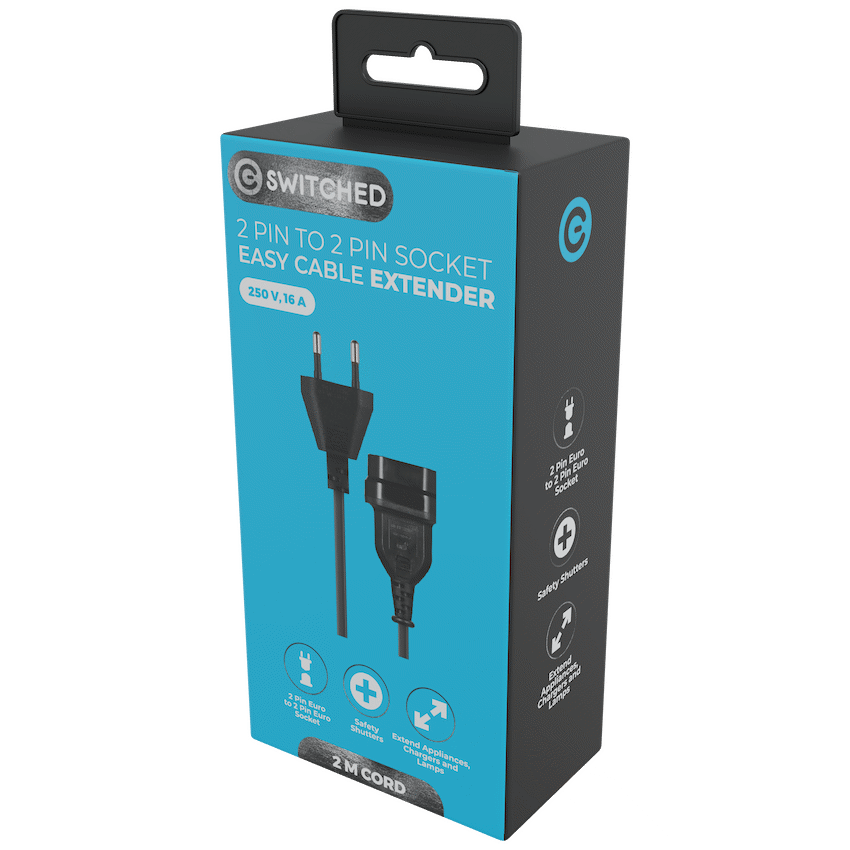 Switched Easy Cable Extender 2-Pin Euro to 2-Pin Euro Socket 2m