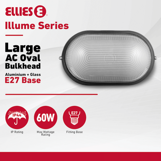 Ellies Illume Series - Large AC Oval Bulkhead - Aluminium  + Glass - E27 Base -BK