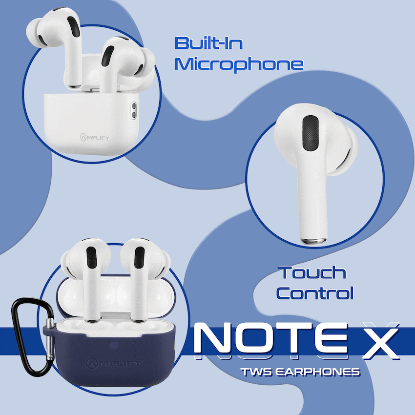 Amplify Note X 3 Series TWS Earphones - White Case + Blue Cover