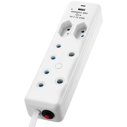 Switched 4-Way Extension Lead with 1x Type-C + 1x USB - 2m