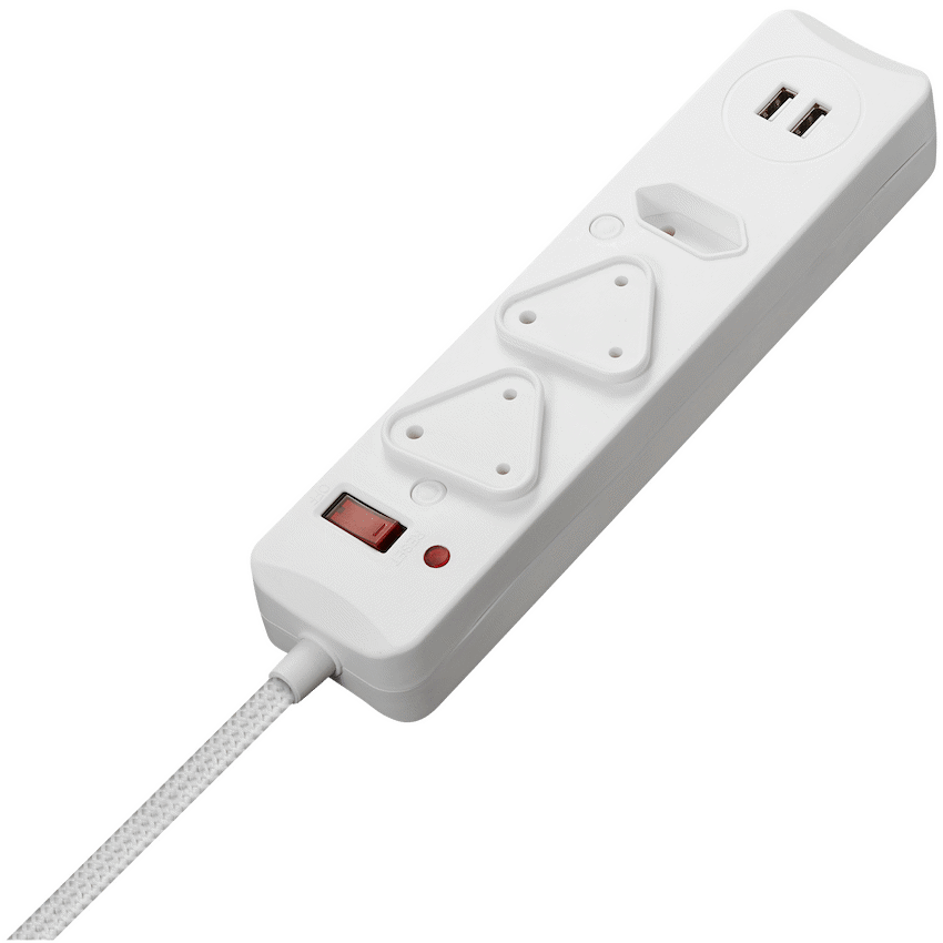 Switched 3-Way Surge-Protected Multiplug with Dual 2.4a USB Ports 3m Braided Cord - White