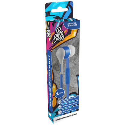 Pro Bass Swagger 2.0 Series - Boxed Auxiliary Earphone with Mic - Blue