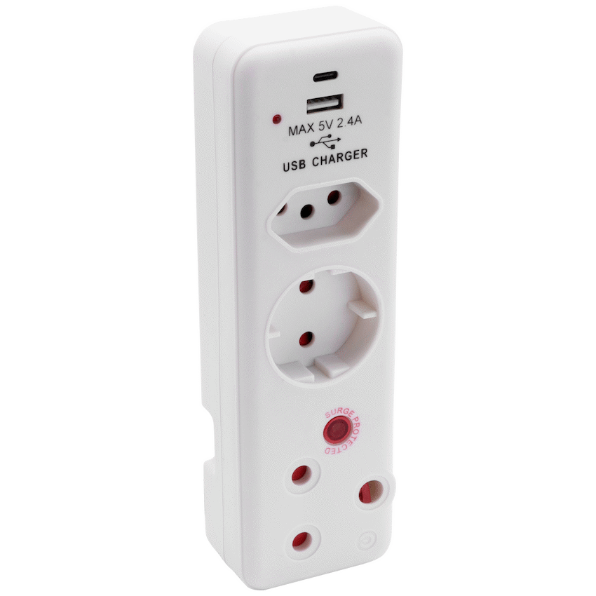 Ellies 3 Way Surge adaptor Schuko,with type C + USB - WT