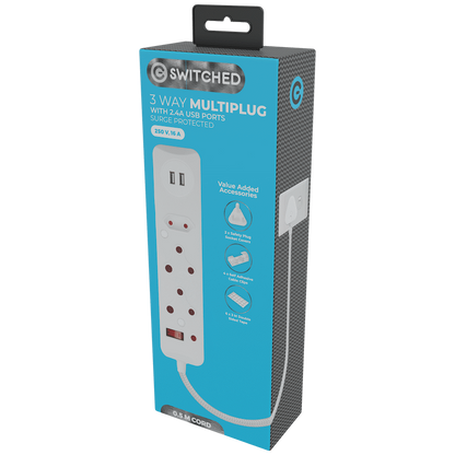 SWITCHED 3 Way Medium Surge Protected Multiplug with Dual 2.4A USB Ports 0.5M Braided Cord White