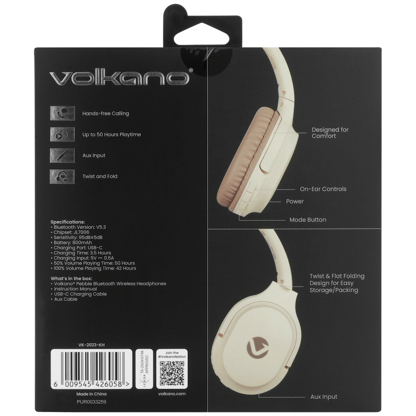 Volkano Pebble Series Bluetooth Headphones - Khaki