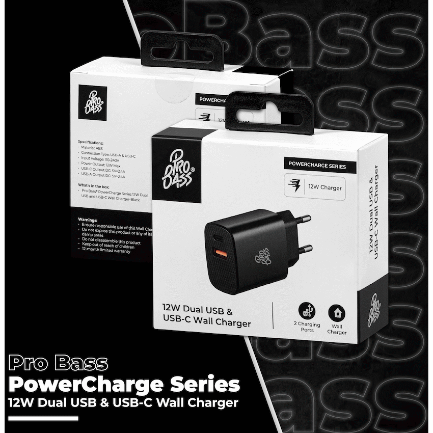 Pro Bass PowerCharge Series 12w Dual USB and Type-C Wall Charger - Black