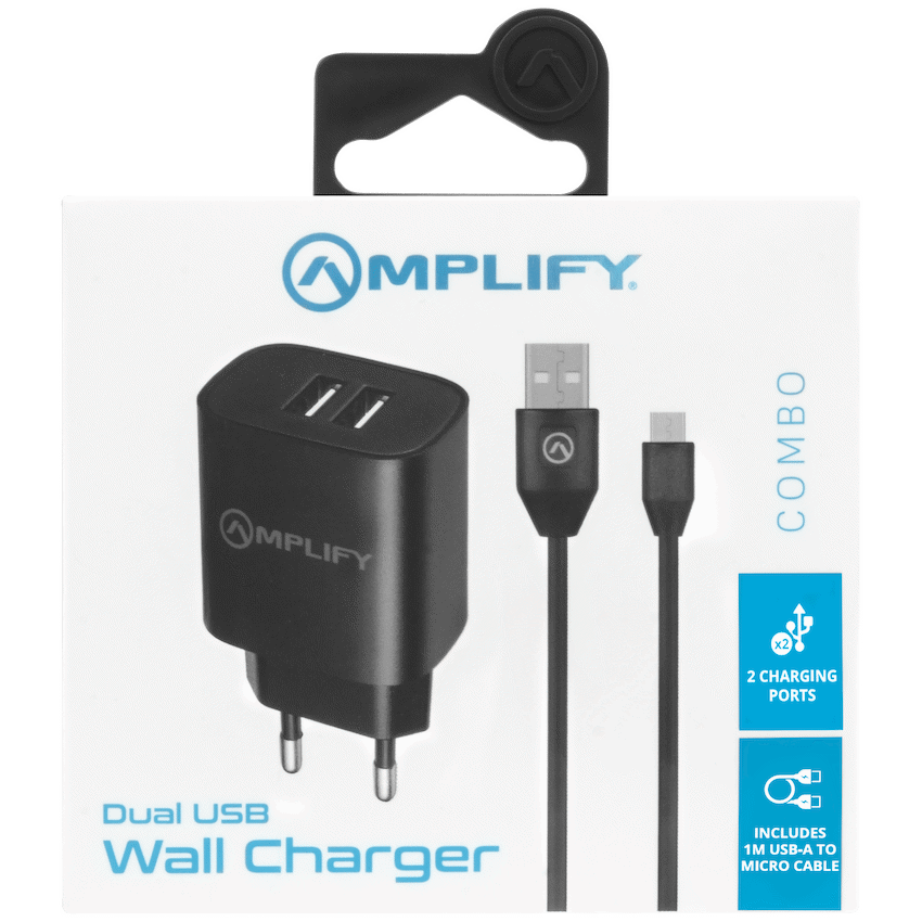 Amplify Dual USB A Wall Charger with USB A to Micro USB - Black