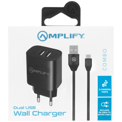 Amplify Dual USB A Wall Charger with USB A to Micro USB - Black