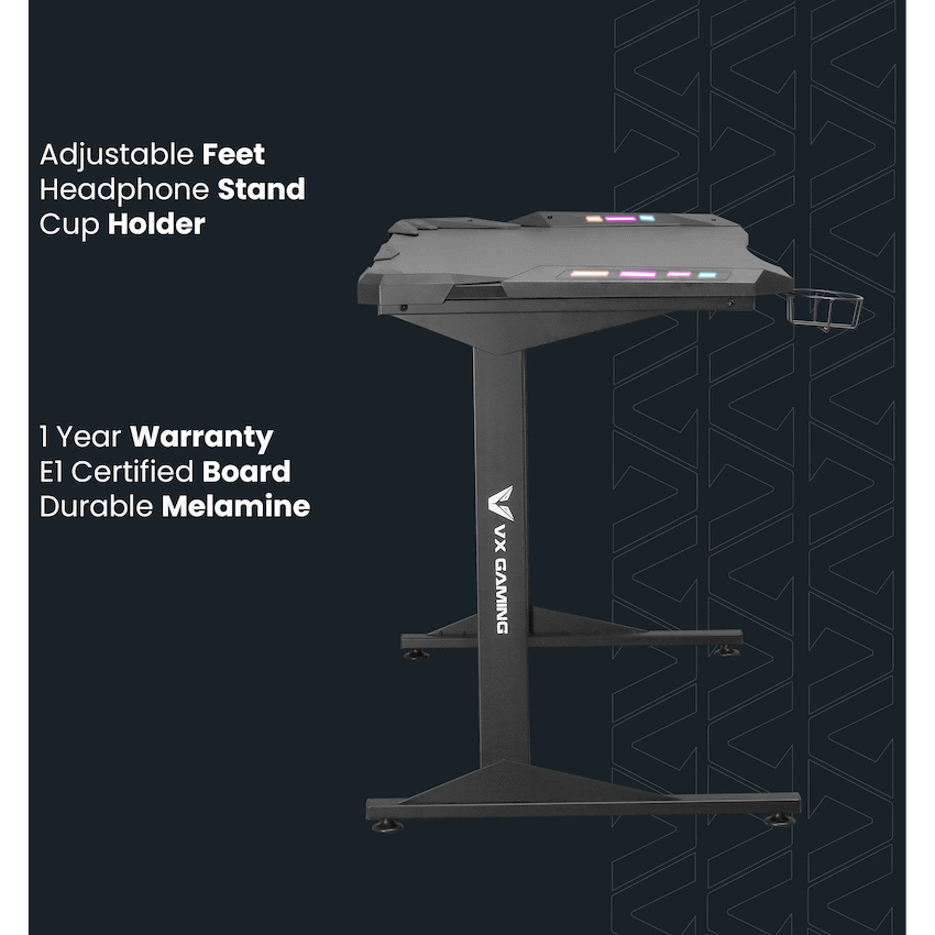 Fortress Gaming Desk with RGB Lights, Cup Holder