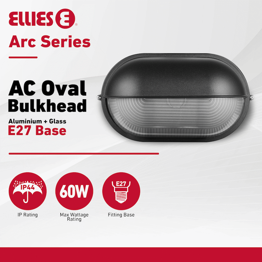 Ellies Arc Series - AC Oval LED Bulkhead - Aluminium + Glass - E27 Base -BK
