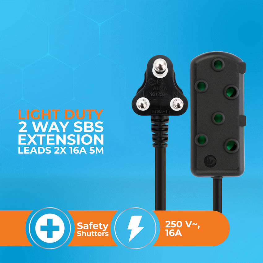 Switched Light Duty Side by Side (SBS) Extension Leads 5m - BK