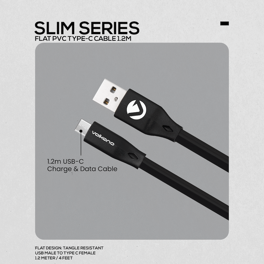 Volkano Slim Series Flat PVC Type-C Cable 1.2m - Black