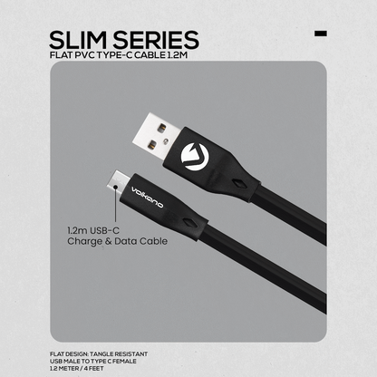 Volkano Slim Series Flat PVC Type-C Cable 1.2m - Black