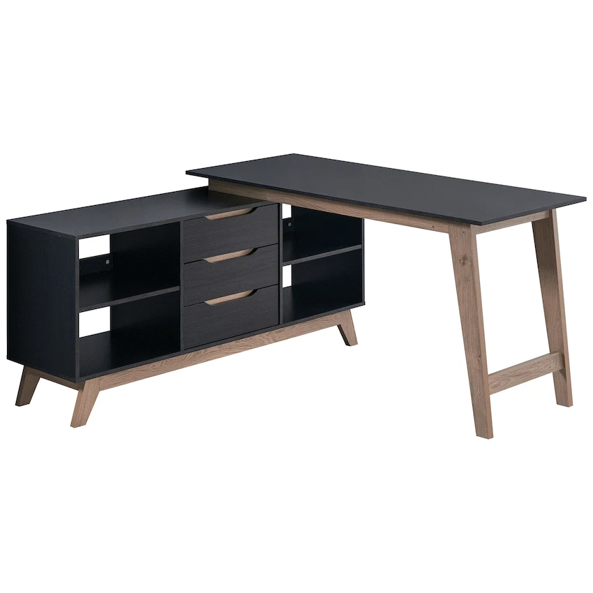 Everfurn Premium Lunar Office Desk - Black, L-Shaped Desk, With Storage