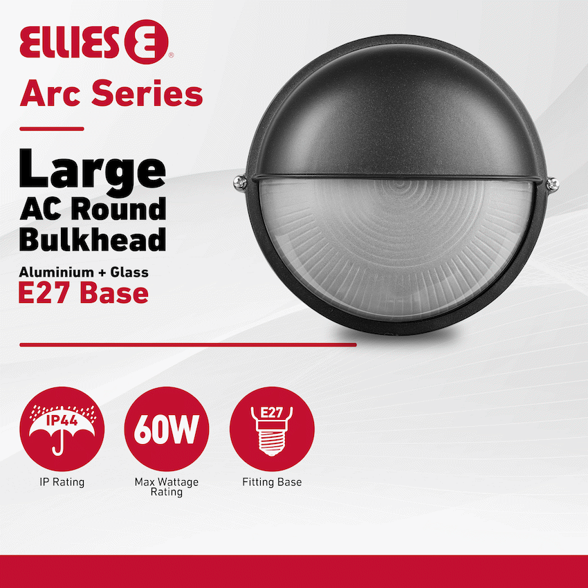 Ellies Arc Series - Large AC Round Bulkhead - Aluminium + Glass - E27 Base -BK
