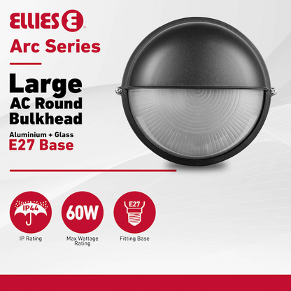 Ellies Arc Series - Large AC Round Bulkhead - Aluminium + Glass - E27 Base -BK