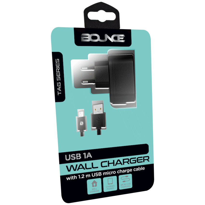 Bounce Tag Series USB 1a Wall Charger with Charge Cable