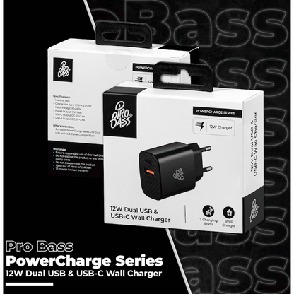 Pro Bass PowerCharge Series 12w Dual USB and Type-C Wall Charger - Black