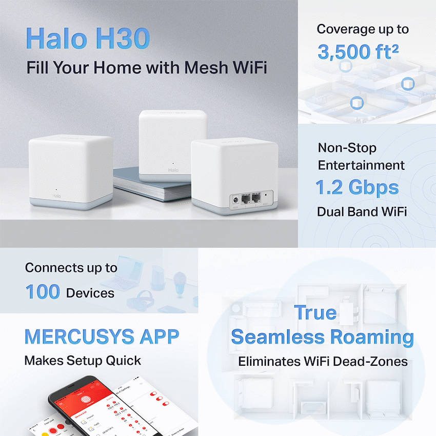 TP-Link Mercusys Halo H30 (2-Pack) AC1200 Whole Home Mesh Wi-Fi System