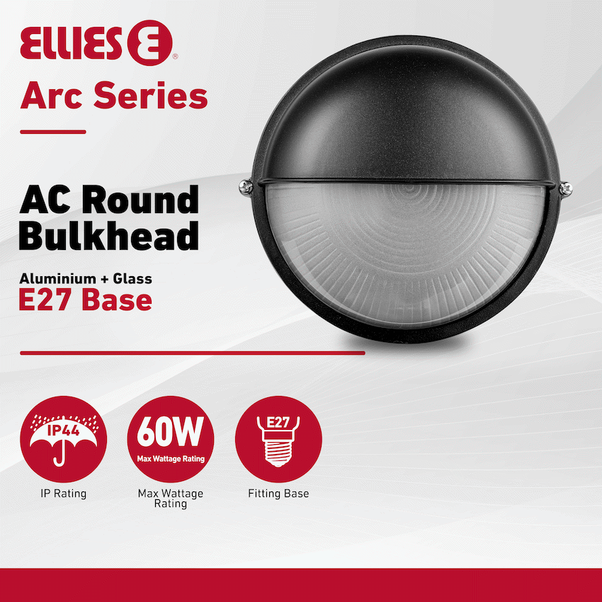 Ellies Arc Series - AC Round Bulkhead - Aluminium + Glass - E27 Base -BK