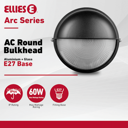 Ellies Arc Series - AC Round Bulkhead - Aluminium + Glass - E27 Base -BK