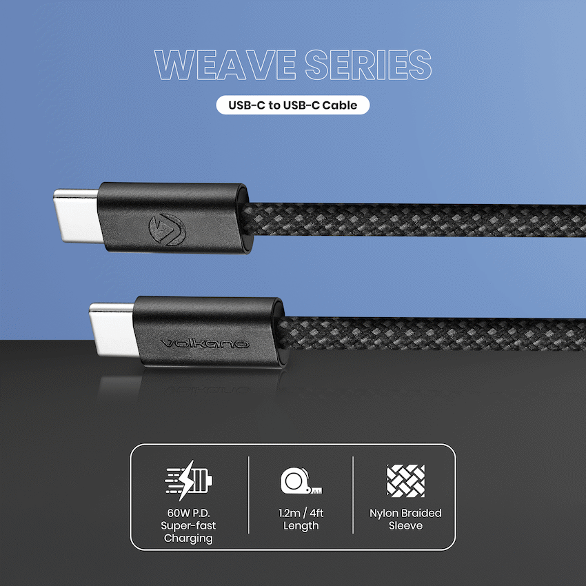 Volkano Weave Series 60w USB C to USB C 1.2m-Black