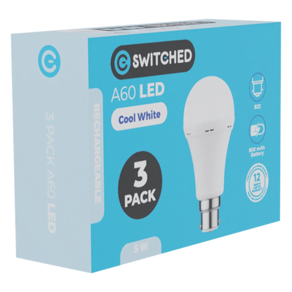Switched 5w A60 Rechargeable B22 LED Light Bulb CW - 3 Pack