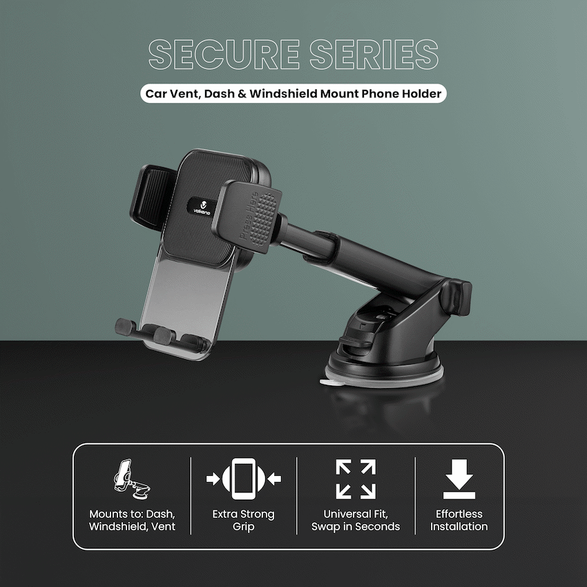 Volkano Secure Series Car Vent, Dash & Windshield Mount Phone Holder - Black