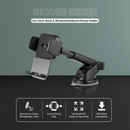 Volkano Secure Series Car Vent, Dash & Windshield Mount Phone Holder - Black