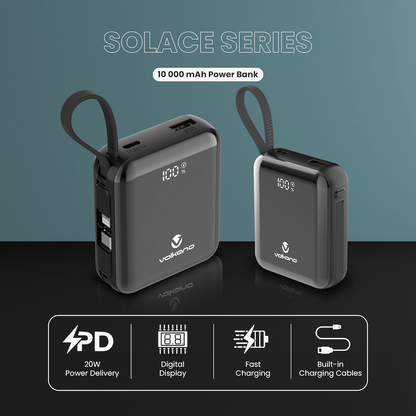 Volkano Solace Series 10 000 mAh Power Bank with Built-in USB-C & Lightning Cable - Black