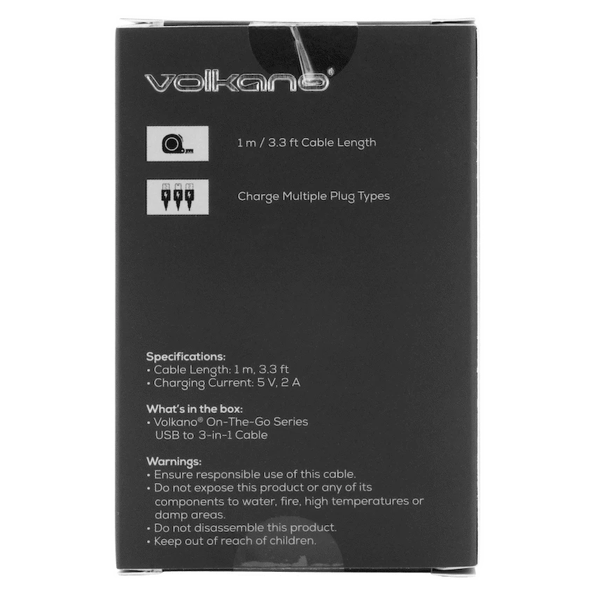 Volkano On-The-Go 3-in-1 1m Braided Cable - Black
