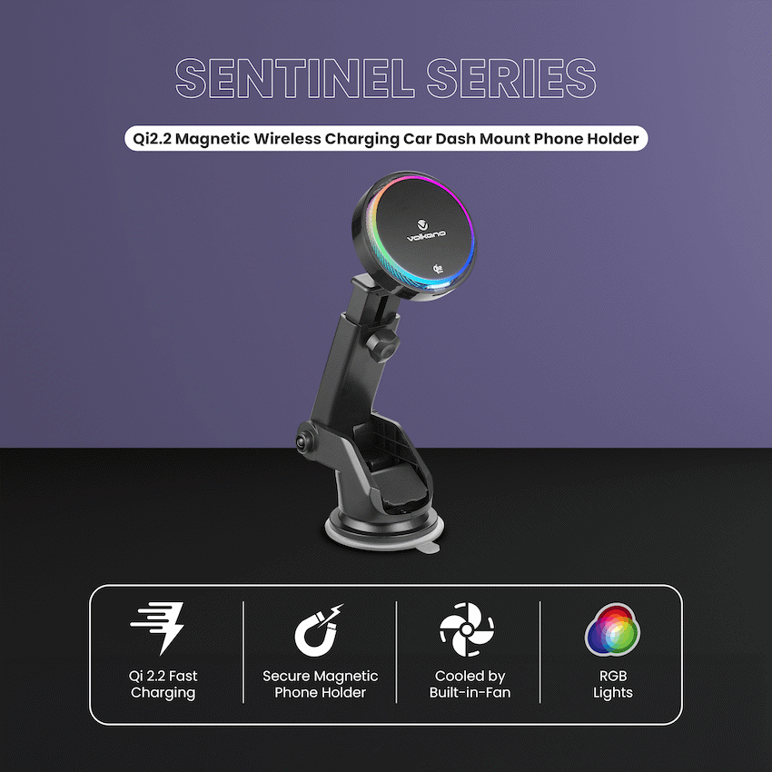 Volkano Sentinel Series Qi2.2 Magnetic Wireless Charging Car Dash Mount Phone Holder - Black