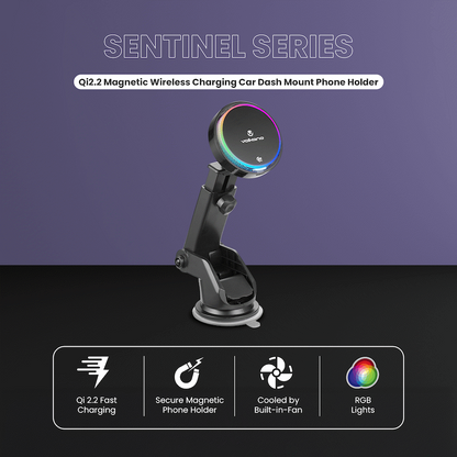 Volkano Sentinel Series Qi2.2 Magnetic Wireless Charging Car Dash Mount Phone Holder - Black