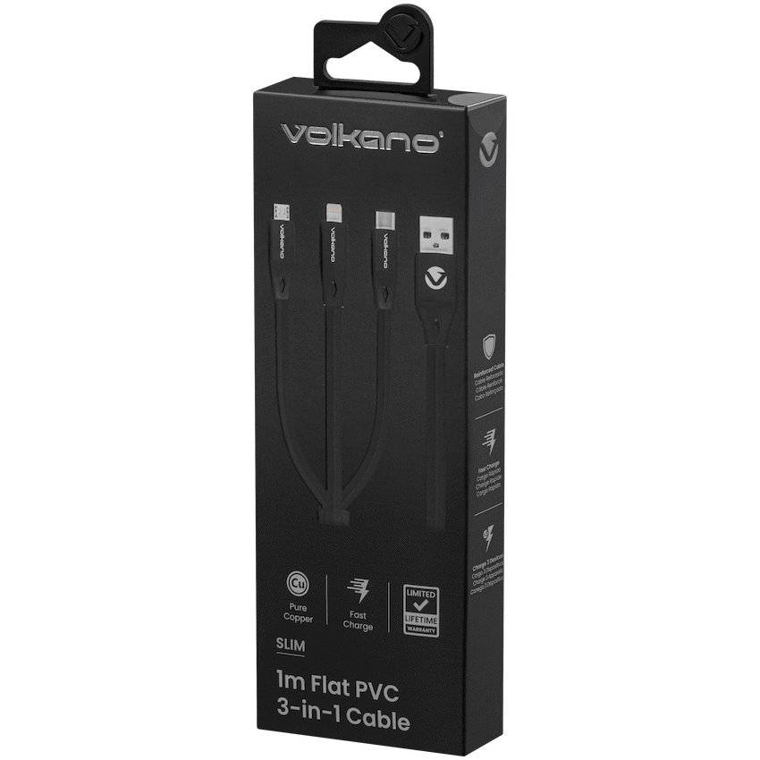 Volkano Slim Series Flat PVC 3-in-1 (Type-C / Lightning / Micro) Cable 30W 1m- Black