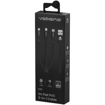 Volkano Slim Series Flat PVC 3-in-1 (Type-C / Lightning / Micro) Cable 30W 1m- Black