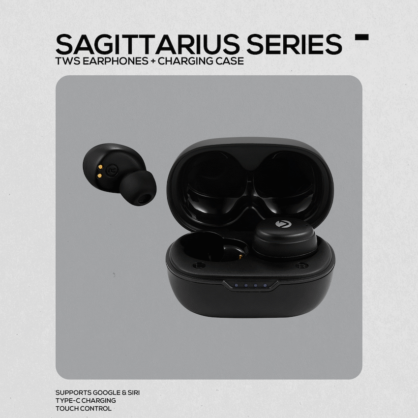 Volkano Sagittarius Series TWS Earphones + Charging Case - Black