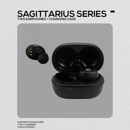 Volkano Sagittarius Series TWS Earphones + Charging Case - Black