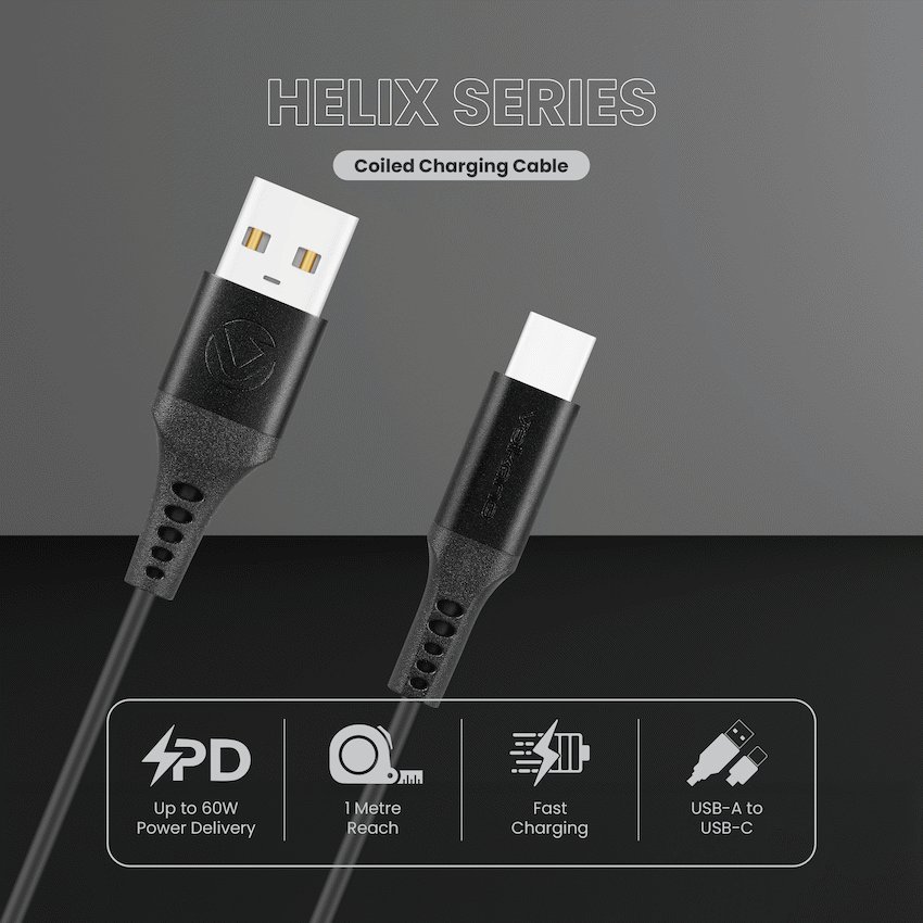 Volkano Helix Series Coiled 1m Charging Cable USB-A To USB-C 60W - Black