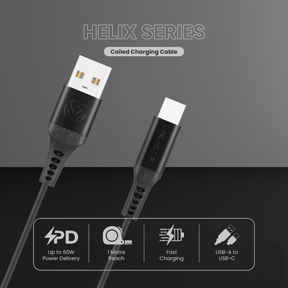 Volkano Helix Series Coiled 1m Charging Cable USB-A To USB-C 60W - Black