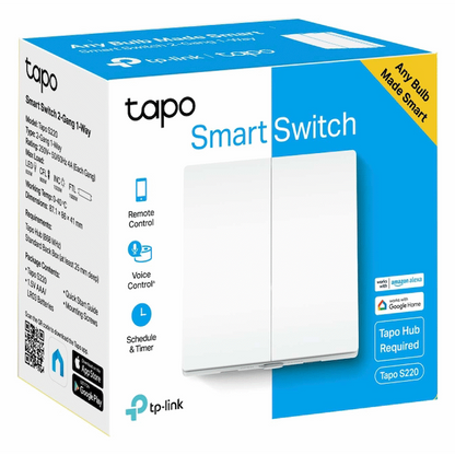 TP-Link Tapo S220 Smart 868mhz Light Switch 2-Gang 1-Way, No Neutral Required