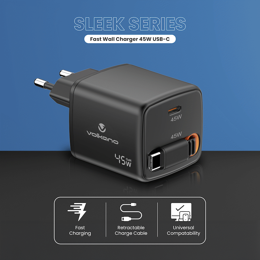 Volkano Sleek Series Fast Wall Charger 45W USB-C with Built-in Retractable 75cm Cable - Black