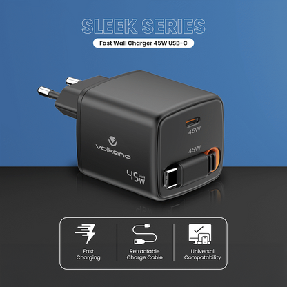 Volkano Sleek Series Fast Wall Charger 45W USB-C with Built-in Retractable 75cm Cable - Black