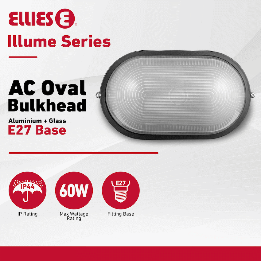 Ellies Illume Series - AC Oval Bulkhead - Aluminium + Glass - E27 Base - BK