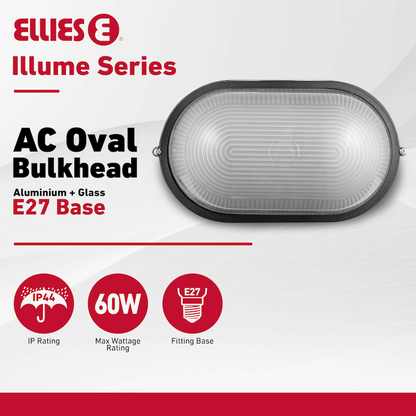 Ellies Illume Series - AC Oval Bulkhead - Aluminium + Glass - E27 Base - BK