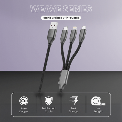 Volkano Weave Series Fabric Braided 3-in-1 (Type-C/Lightning/Micro) Cable 1m - Black