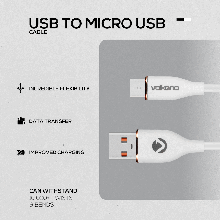 Volkano Flexi Series USB to Micro USB 2.5m 18w - White