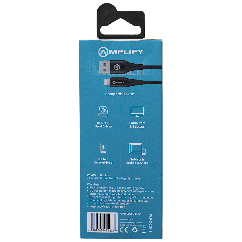 Amplify Linked Series USB-A to Lightning Braided Cable - Black 1m
