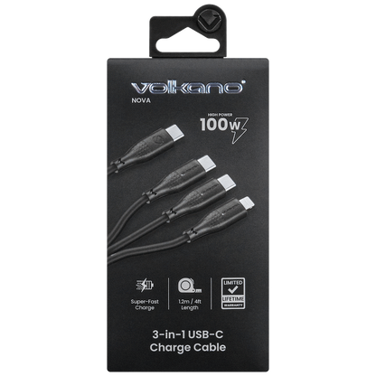 Volkano Nova Series USB C to 2 USB C and lightning cable 100W TPE-Black